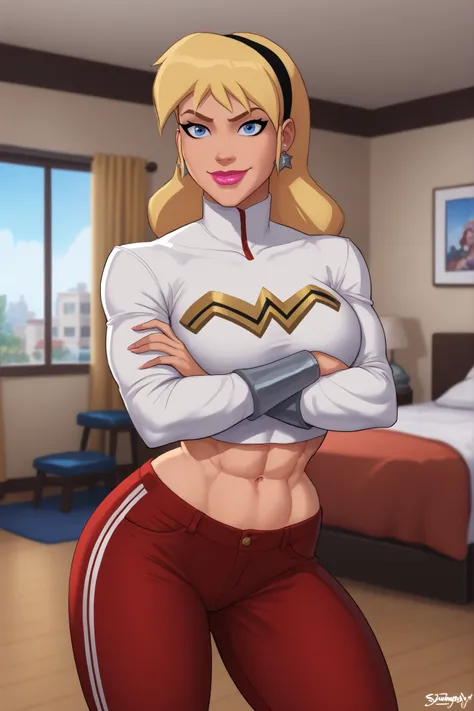 safe_pos, PonyXLV6_Scores BREAK (((parody style, parody:1.2)), perfect anatomy, cowboy shot) 1girl, blonde hair, blue eyes, ((looking at viewer)), hairband, star earrings,  curvy,  athletic, indoors, long sleeve, white leather jacket, white crop top, red j...