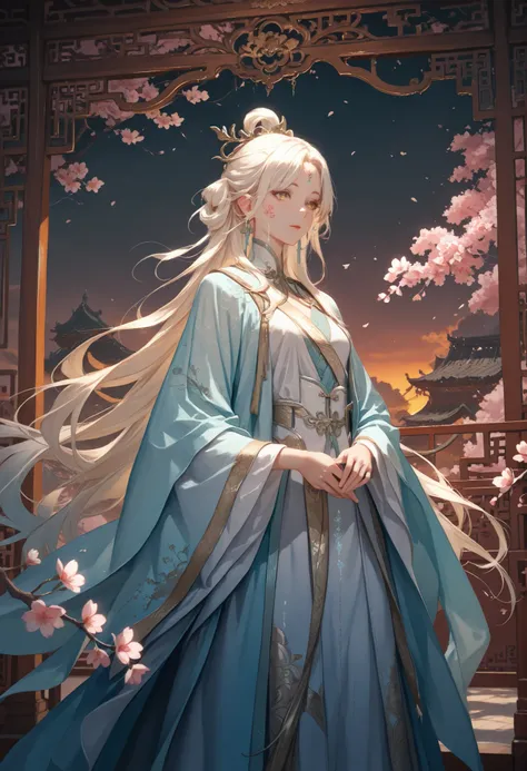 A charismatic and ethereal young man with long silky white-blond hair tied elegantly, golden eyes that reflect both wisdom and mystery, wearing an elaborate noble robe inspired by ancient Chinese royalty, with intricate embroidery and flowing silk layers. ...