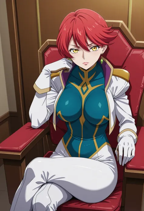 Narah_Pilot suit ,Narah vaughn,one girl,Alone, red hair,Sitting,crossed legs,poetry,breasts,chair,yellow eyes,gloves,looks at the viewer,Jewelry,Earrings, lipstick ,large breasts,mature female,mature mothers,