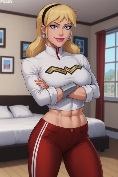 safe_pos, PonyXLV6_Scores BREAK (((parody style, parody:1.2)), perfect anatomy, cowboy shot) 1girl, blonde hair, blue eyes, ((looking at viewer)), hairband, star earrings,  curvy,  athletic, indoors, long sleeve, white leather jacket, white crop top, red j...