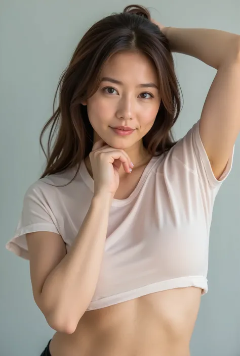 A woman wearing a wet t-shirt that shows through where it comes into contact with her skin、active pose、feels good