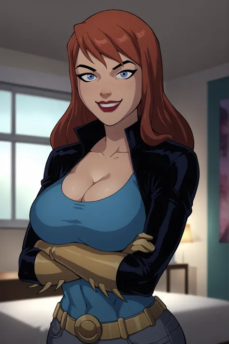 score_9_up, score_8_up, score_7_up, BREAK batgirl, blue eyes, ginger hair, long hair, red lipstick, best quality, high quality, face focus, portrait, large breasts, cleavage, curvy, athletic, smiling, happy expression, standing, looking at viewer, gray lea...