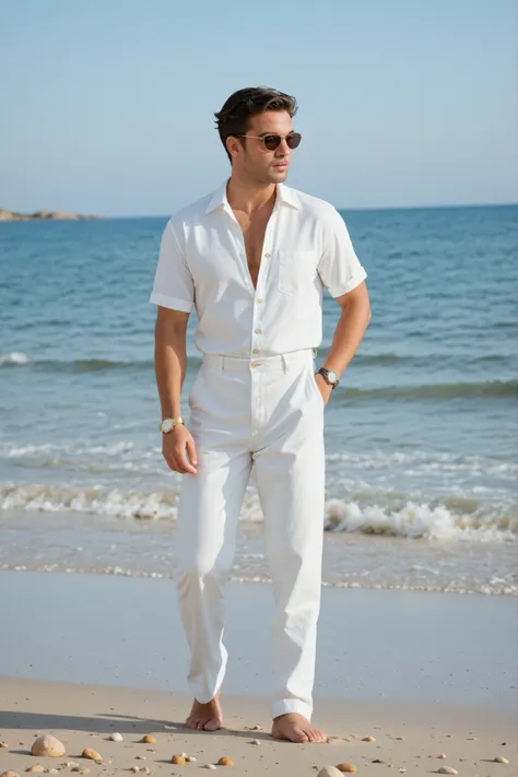 "A cinematic fashion photoshoot scene on a beach, surrounded by golden sand and natural rocks. The lighting is dramatic and luxurious, with warm tones highlighting the model. The model wears an elegant brown sunglasses, an off-white linen pants, and a prem...