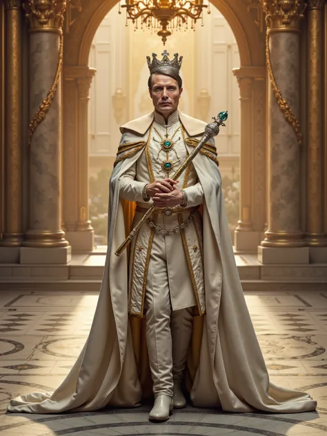 Mads Mikkelsen reimagined as the majestic white king of a chess empire, walking and holding a grand ornate scepter made of silver and gold, crowned with glowing diamonds and sun-shaped engravings, 1 male, full body, regal and powerful, fair skin with warm ...
