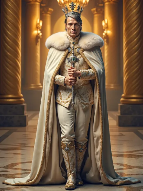 Mads Mikkelsen reimagined as the majestic white king of a chess empire, walking and holding a grand ornate scepter made of silver and gold, crowned with glowing diamonds and sun-shaped engravings, 1 male, full body, regal and powerful, fair skin with warm ...