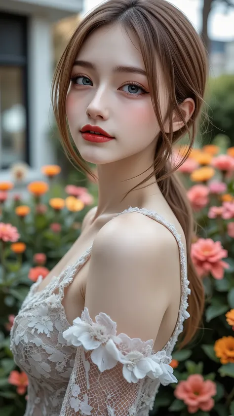 Realistic ((Photorealistic realism)), Hyper high resolution, ((Hyper insanel quality, epice masterciece, intricately detailed digital art)),((focus on extremely Realistic Proportion Body:1.3),"Portrait of {a woman with blue eyes, wearing a dress, standing ...