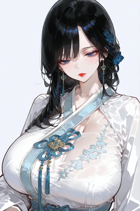 Mature women，Beautiful , Charming goddess , Black long hair , Big breast , Red lips , White Blue Hanfu , Beautiful blue eyes，Extremely detailed，high resolution，Simple background