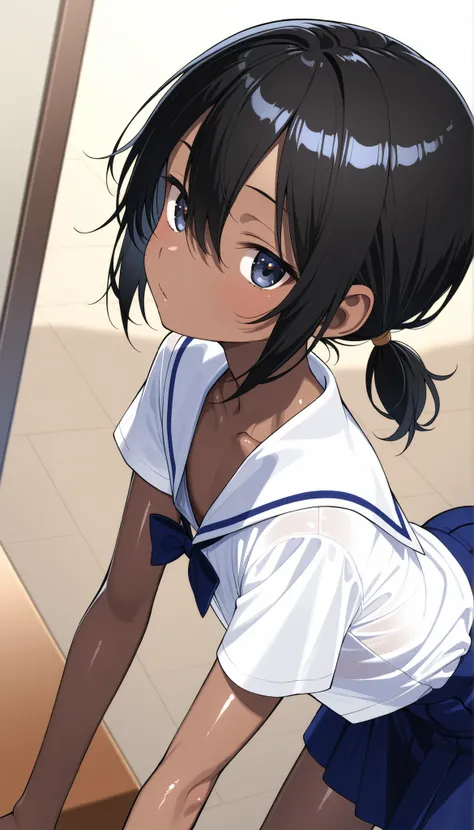 (beautiful girl:1.5)、(ultra flat chest:1.1)、(ultra small chest:1.1)、(nipple visible through gaps in clothes:0.8)、(体型がskinny:1.1)、(black hair,low short ponytail:1.1)、(ultra shiny skin:1.1)、(dark skin:1.3)、(upper body:1.1)、(bent over:1.3)、(from above:1.3)、(f...