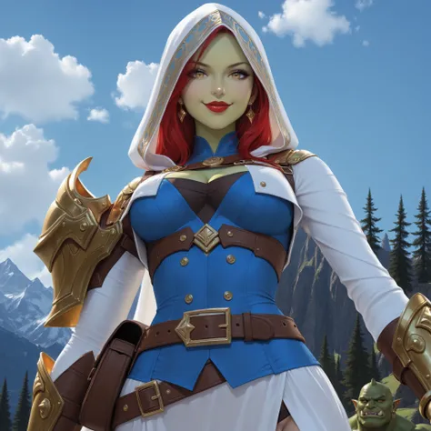 european girl, model, fashion, luxury, wealthy, clean, (young), beautiful, gorgeous, tall, athletic, white cloak, fantasy outfit, golden steel pauldron, brown gauntlet, close view of cleavage, close up of chest, gold eyes, (green skin:1), orc skin, red hai...