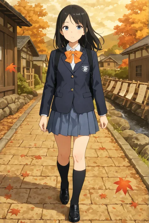 A 7-heads-tall, clean anime-style full-body illustration of a Japanese high school girl.
She is wearing a dark navy blazer with a school emblem embroidered in silver thread on the left chest, a white blouse, and a large orange ribbon tie.
Her pleated skirt...