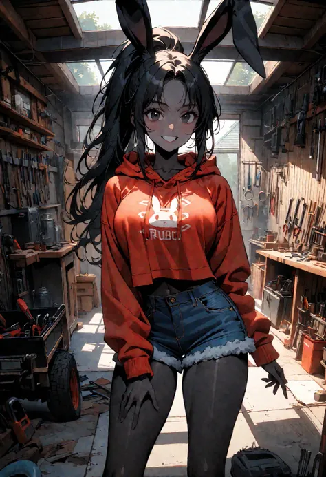 day, sunny, suburb, black skin, garage, open door, tools, workshop, 1990s pickup truck, red truck, comfy, driveway, POV, foreshortening, rags, slightly messy, indoors, detailed, house, 4x4, 1girl, female, tomboy, rabbit girl, black skin, long hair, ponytai...