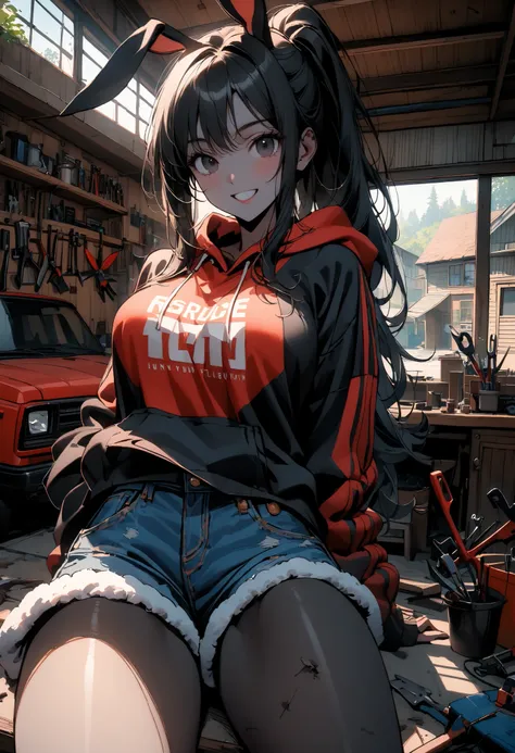 day, sunny, suburb, black skin, garage, open door, tools, workshop, 1990s pickup truck, red truck, comfy, driveway, POV, foreshortening, rags, slightly messy, indoors, detailed, house, 4x4, 1girl, female, tomboy, rabbit girl, black skin, long hair, ponytai...