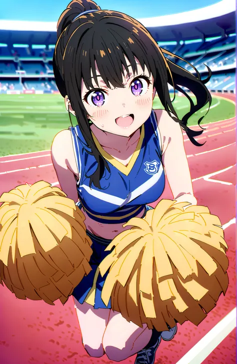 score_9, score_8_up, score_7_up, source_anime,
Takina inoue,side lock,ponytail,bungs, black hair, purple eyes,smile,blush,opens her mouth,(cheerleading), (full body),  on chest, (sweated), sweated Wet Clothes, (blue clothes),Sleeveless, pleated skirt,black...