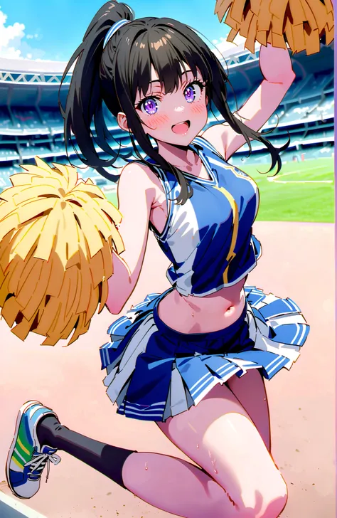 score_9, score_8_up, score_7_up, source_anime,
Takina inoue,side lock,ponytail,bungs, black hair, purple eyes,smile,blush,opens her mouth,(cheerleading), (full body),  on chest, (sweated), sweated Wet Clothes, (blue clothes),Sleeveless, pleated skirt,black...