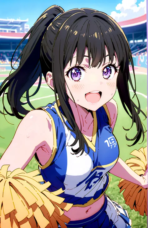 score_9, score_8_up, score_7_up, source_anime,
Takina inoue,side lock,ponytail,bungs, black hair, purple eyes,smile,blush,opens her mouth,(cheerleading), (full body),  on chest, (sweated), sweated Wet Clothes, (blue clothes),Sleeveless, pleated skirt,black...