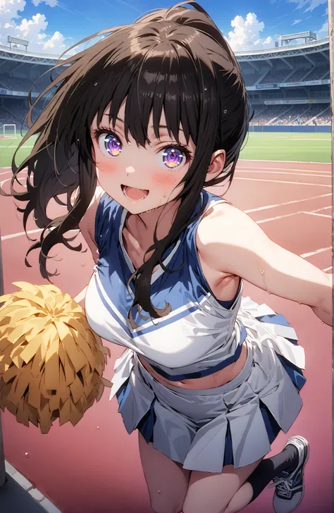 Takina inoue,side lock,ponytail,bungs, black hair, purple eyes,smile,blush,opens her mouth,(cheerleading), (full body),  on chest, (sweated), sweated Wet Clothes, (blue clothes),Sleeveless, pleated skirt,black socks,sneakers, belly button out, playground, ...