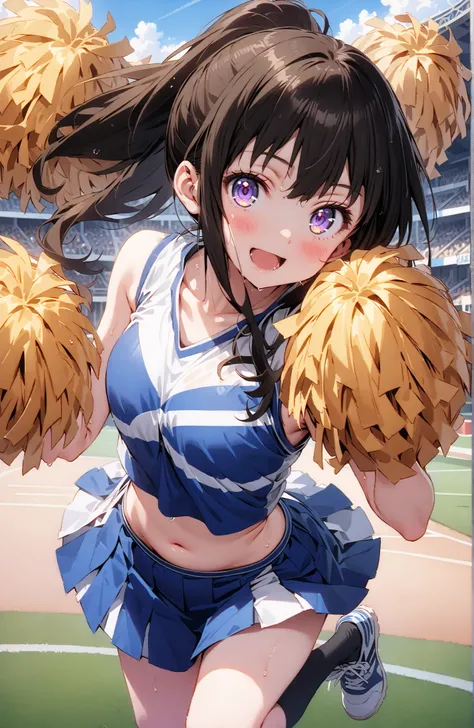 Takina inoue,side lock,ponytail,bungs, black hair, purple eyes,smile,blush,opens her mouth,(cheerleading), (full body),  on chest, (sweated), sweated Wet Clothes, (blue clothes),Sleeveless, pleated skirt,black socks,sneakers, belly button out, playground, ...