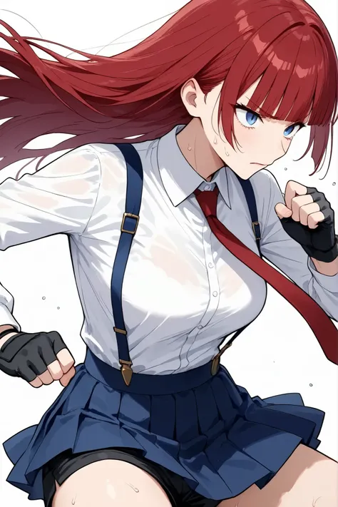 1girl  ,  action、fight、Combat Stance、 black shorts in skirt、from side, Slender Woman、 slim woman 、 medium breasts、cowboy shot,heroine with red hair、blue suspenders, blue Pleated Miniskirt,white Long sleeve white blouse,black fingerless gloves,Red tie,,Str...