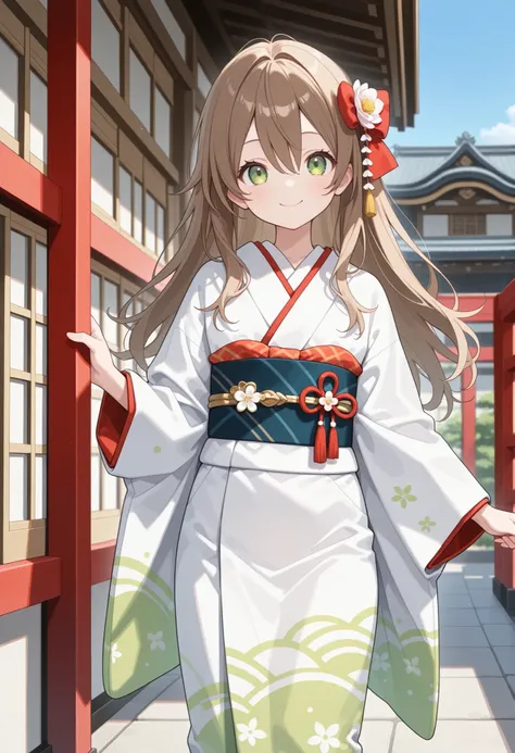 masterpiece , best quality , high resolution , Sense of unity,8k Wallpaper , front shot in the shadow of a building、standing、1 girl , solo、smile、NIN , brown_hair , length_hair , green_eye, hair_between_eye , bow、((object、日本のobject、Long-sleeved kimono :1.3)...