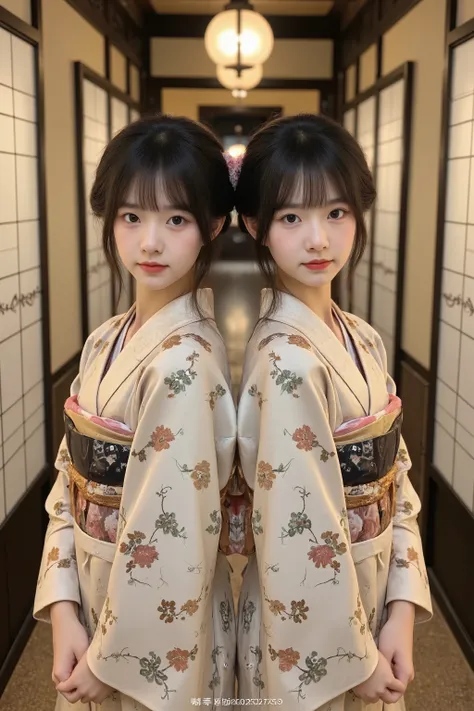 
> Two identical 18-year-old Japanese twin girls from the Edo period, portrayed as noble and refined ladies-in-waiting. They are dressed in matching luxurious silk kimono with traditional floral designs, and their identical features—fair skin, almond-shape...