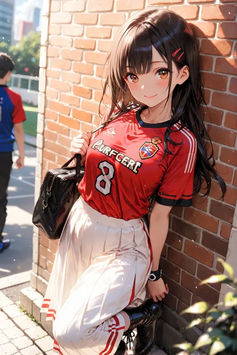 masterpiece,high score,great score,absurdres,year 2025,safe,1girl,perfect body,looking side,smile,long skirt,white skirt,tulle skirt,white zipup boots,soccer jersey,red soccer jersey,oversized jersey,a luxury brand shoulder bag,stand against the brick wall...