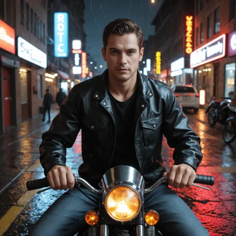 A ruggedly handsome man sits astride a motorcycle in what appears to be a dimly lit urban alleyway or street, bathed in the moody atmosphere of a rainy night. His expression is intense and brooding, his piercing eyes fixed on something just out of frame, e...