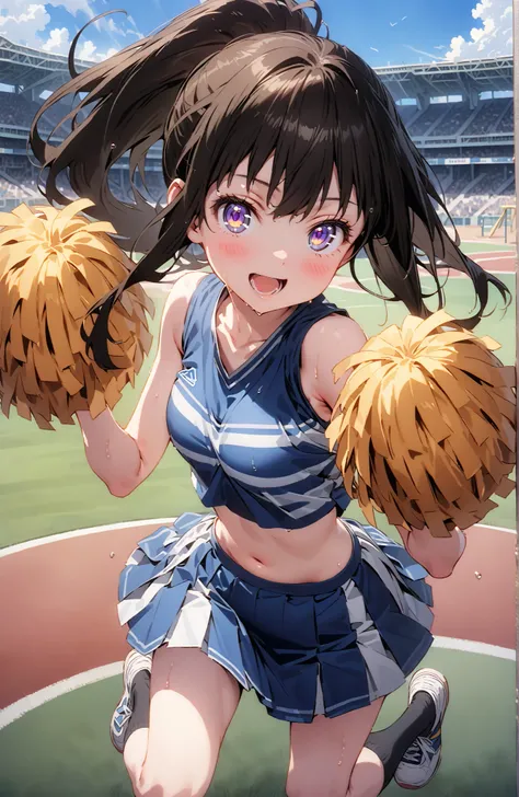 Takina inoue,side lock,ponytail,bungs, black hair, purple eyes,smile,blush,opens her mouth,(cheerleading), (full body),  on chest, (sweated), sweated Wet Clothes, (blue clothes),Sleeveless, pleated skirt,black socks,sneakers, belly button out, playground, ...