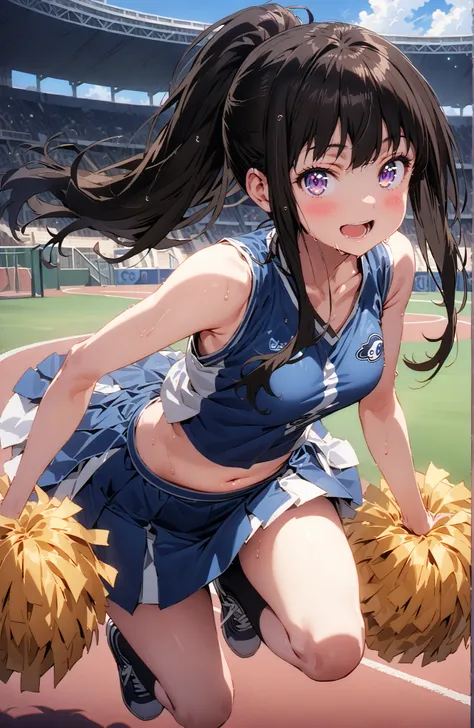 Takina inoue,side lock,ponytail,bungs, black hair, purple eyes,smile,blush,opens her mouth,(cheerleading), (full body),  on chest, (sweated), sweated Wet Clothes, (blue clothes),Sleeveless, pleated skirt,black socks,sneakers, belly button out, playground, ...