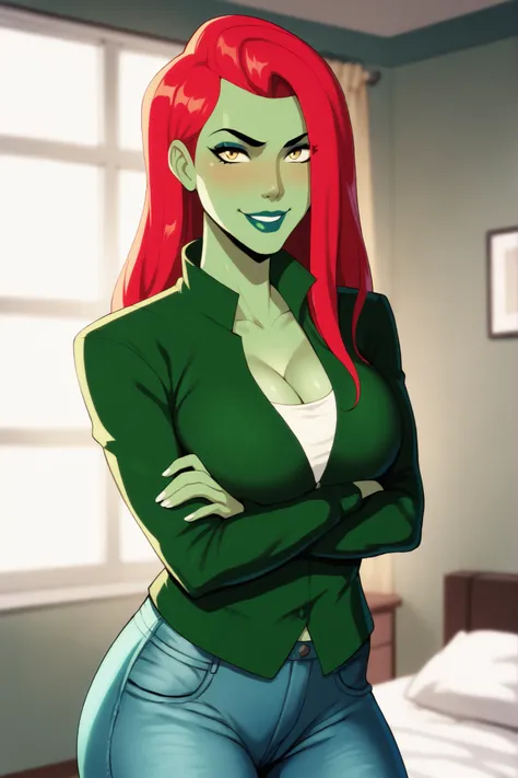 PoisonIvyCartoon, BREAK, score_8_up, score_7_up, score_6_up, score_9, 1girl, lipstick, makeup, large breasts, cleavage, yellow eyes, green skin, colored skin, long red hair, black lips, curvy, athletic, standing, happy expression, smiling, closed mouth, ar...