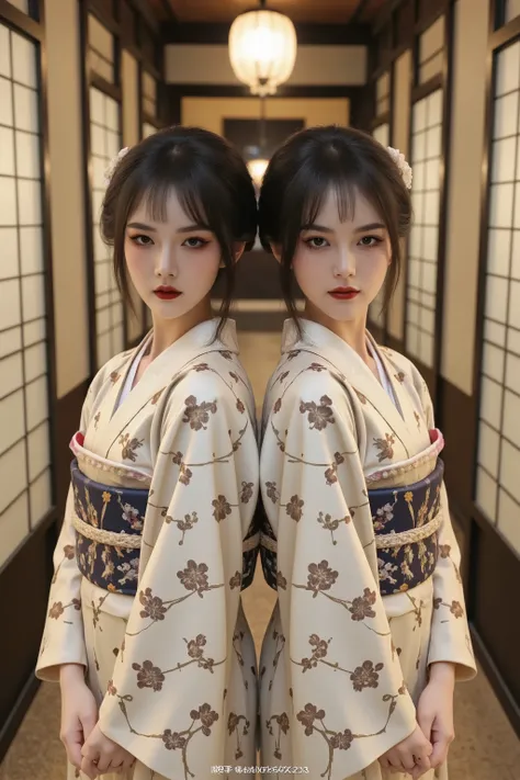 
> Two identical 18-year-old Japanese twin girls from the Edo period, portrayed as noble and refined ladies-in-waiting. They are dressed in matching luxurious silk kimono with traditional floral designs, and their identical features—fair skin, almond-shape...