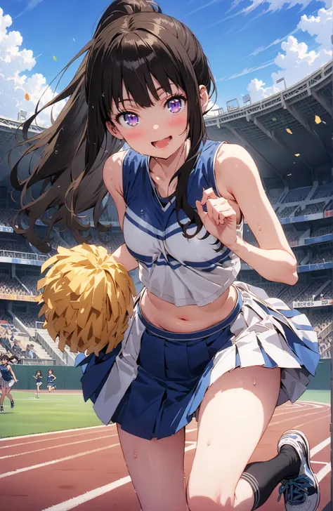 Takina inoue,side lock,ponytail,bungs, black hair, purple eyes,smile,blush,opens her mouth,(cheerleading), (full body),  on chest, (sweated), sweated Wet Clothes, (blue clothes),Sleeveless, pleated skirt,black socks,sneakers, belly button out, playground, ...