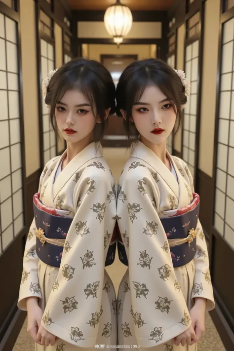 
> Two identical 18-year-old Japanese twin girls from the Edo period, portrayed as noble and refined ladies-in-waiting. They are dressed in matching luxurious silk kimono with traditional floral designs, and their identical features—fair skin, almond-shape...
