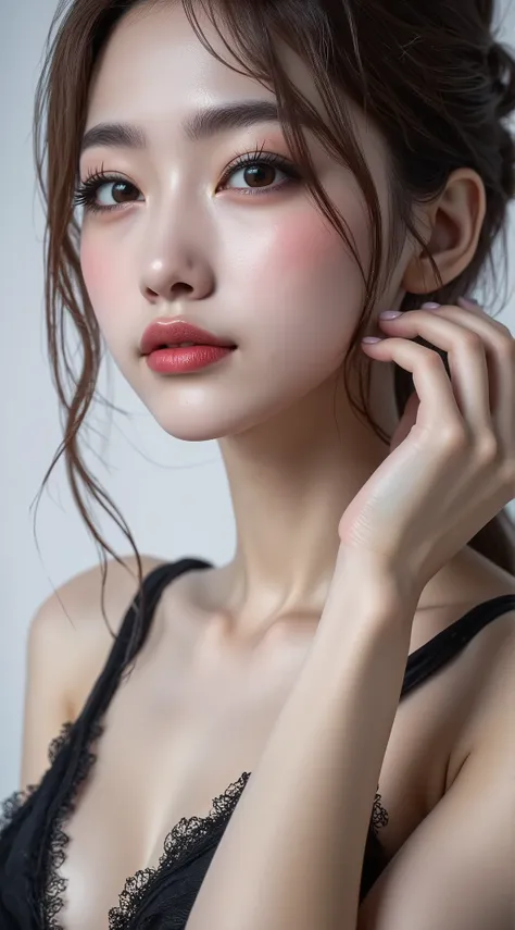 Realistic (photorealistic Realism), (high resolution), ((intricately detailed digital art)), professional photography, ((portrait)),(a cute and very beautiful, 1 Japanese girl, famous Japanese Kpop idol:1.3), (ultra realistic texture details: velvety skin...