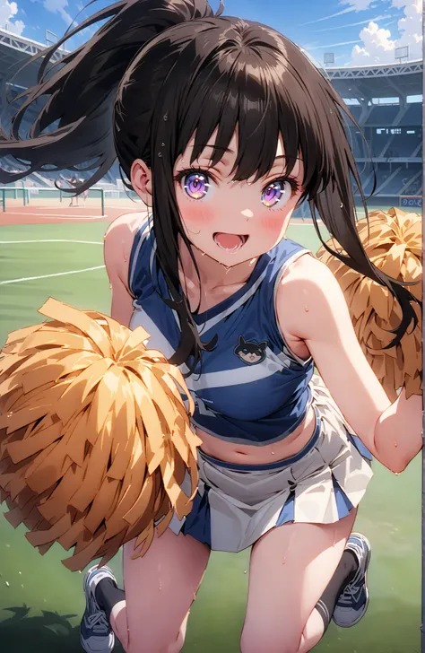 Takina inoue,side lock,ponytail,bungs, black hair, purple eyes,smile,blush,opens her mouth,(cheerleading), (full body),  on chest, (sweated), sweated Wet Clothes, (blue clothes),Sleeveless, pleated skirt,black socks,sneakers, belly button out, playground, ...