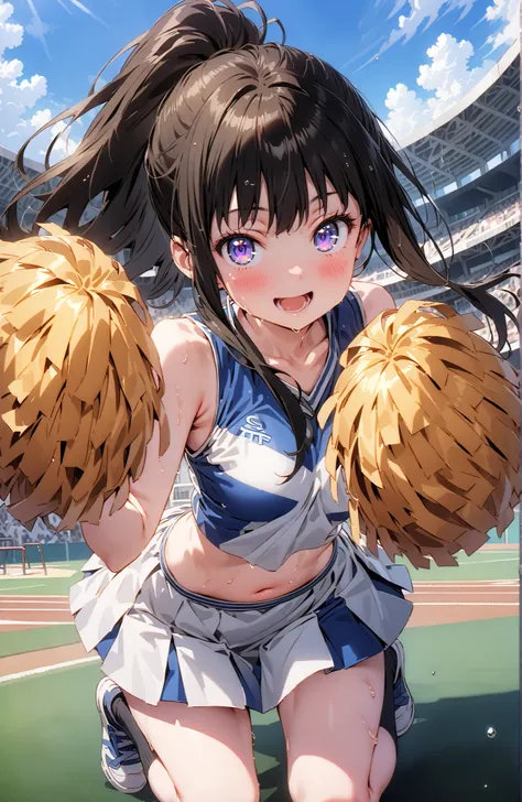 Takina inoue,side lock,ponytail,bungs, black hair, purple eyes,smile,blush,opens her mouth,(cheerleading), (full body),  on chest, (sweated), sweated Wet Clothes, (blue clothes),Sleeveless, pleated skirt,black socks,sneakers, belly button out, playground, ...