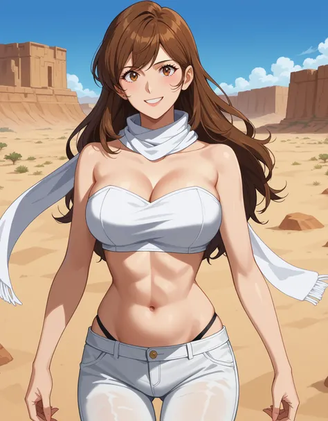 score_9, score_8_up, score_7_up, , masterpiece, best quality, very aesthetic, absurdres, source_anime, (anime screencap:1.1), BREAK 1girl, solo, Fujiko, brown hair, long hair, brown eyes, big breasts, white bikini, shiny clothing, white trousers, collarbon...
