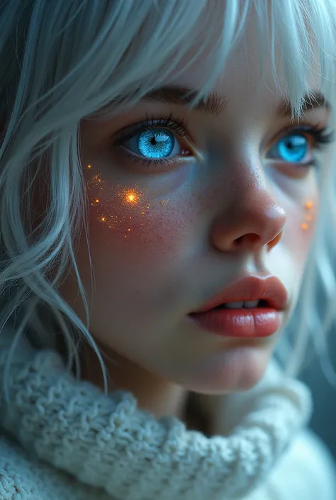 (Close-up of a masterpiece:1.5)0.9]，(Space and astronauts:1.2) (Messy silver hair:1.1) (Heterochromia yellow blue eyes:1.2) (Casque spatial:1.0) (Colorful stars in the eyes:1.0) (Dazzling light:1.1) (Thick lip:0.9)