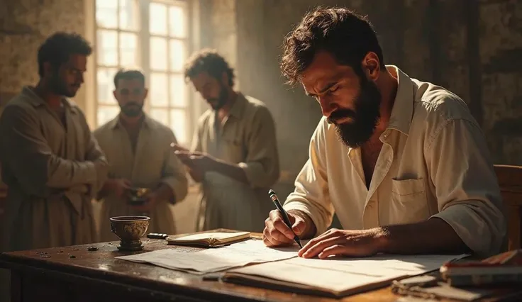 Image of Judgment and Distrust: "Mateus, standing at his desk, with a tired and resigned expression, looking at the tax documents. He knows that most publicans abuse their power, but his honesty is invisible to the eyes of others. The scene conveys the fee...