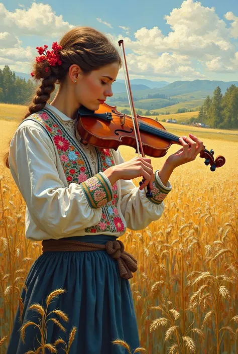 Style: Ukrainian village, violin : embroidery details ( shirts ), Wheat spikelets, place on the left side.