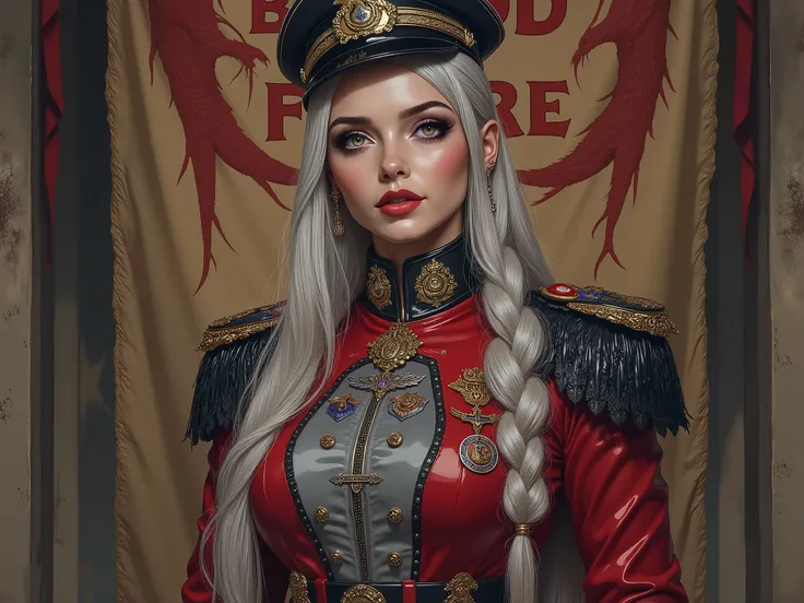 Detailed multi-colored proportions and textures with airbrushed brushstrokes presenting a semi-realistic illustration A beautiful and strong young woman wearing an military uniform style epic fantasy, gothic armor where grayish black tones predominate, mix...