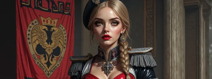 Detailed multi-colored proportions and textures with airbrushed brushstrokes presenting a semi-realistic illustration A beautiful and strong young woman wearing an military uniform style epic fantasy, gothic armor where grayish black tones predominate, mix...