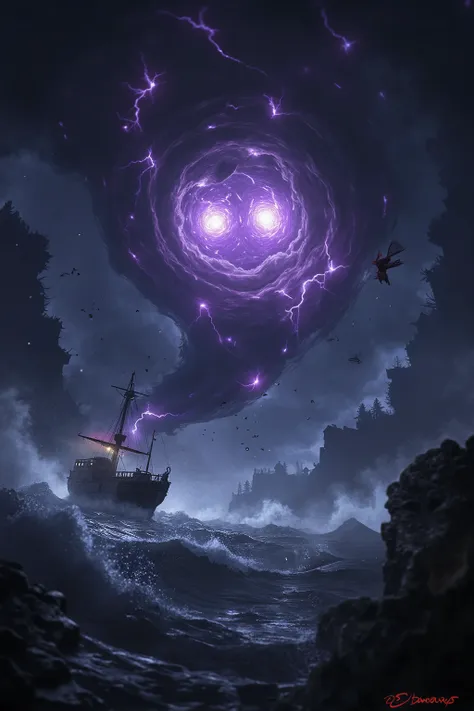 Grand Voyage , small ship, Rough seas, bad weather, A giant pair of eyes shining inside a tornado charged with purple light