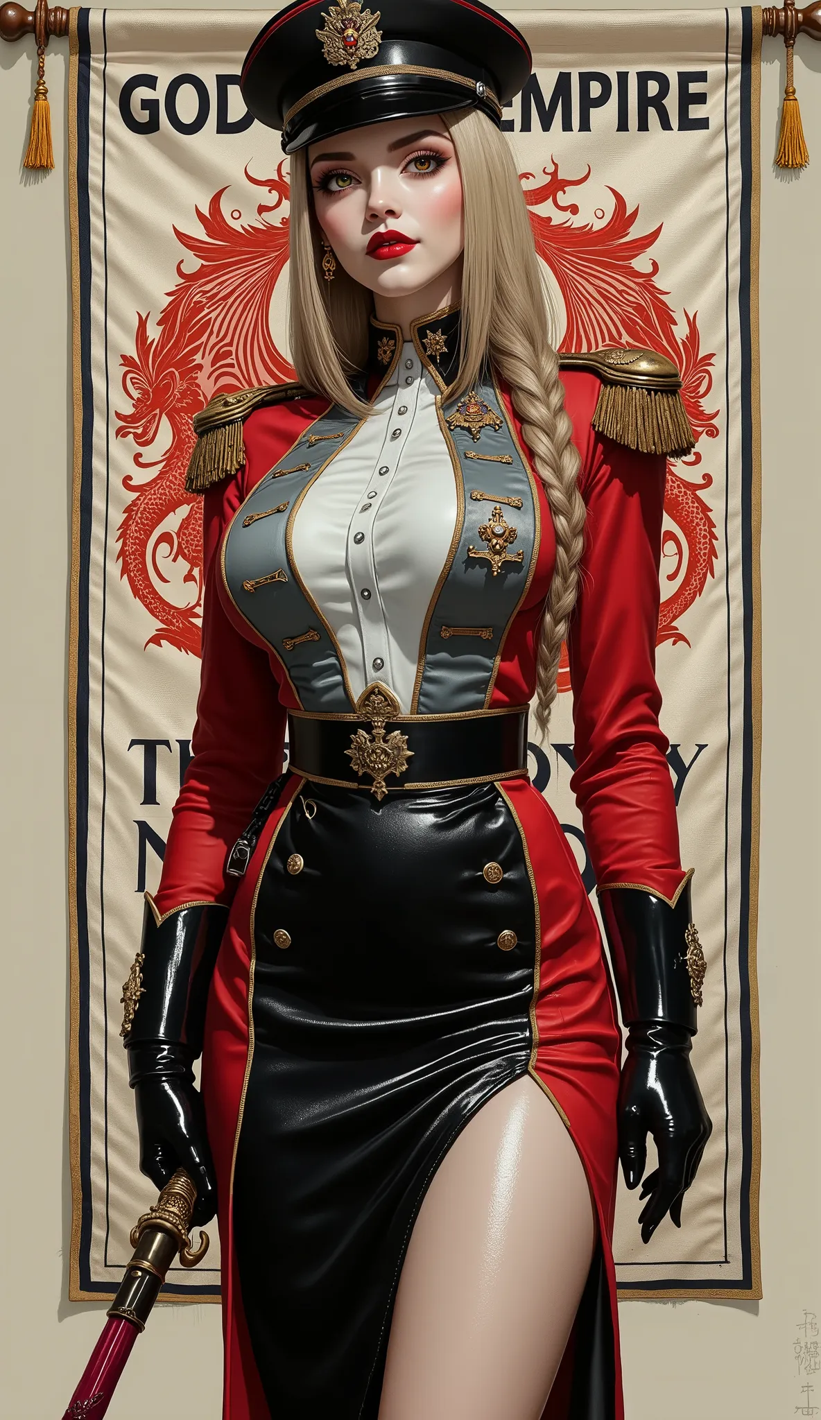 Detailed multi-colored proportions and textures with airbrushed brushstrokes presenting a semi-realistic illustration (in ink Chinese) A beautiful and strong young woman wearing an military uniform style epic fantasy, gothic armor where grayish black tones...