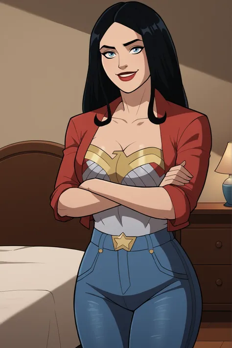 safe_pos, score_9, score_8_up, score_7_up, score_6_up, BREAK, solo, 1girl, wonderwoman, long hair, black hair, blue eyes, large breasts, cleavage, curvy, athletic, smile, happy expression, looking at viewer, wide hips, lipstick, makeup, standing, arms cros...