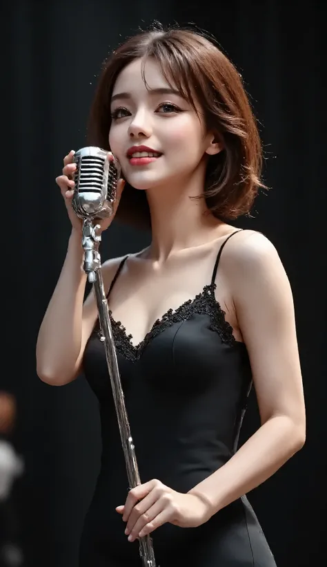 Here's your optimized AI image generation prompt for a hyper-realistic singing performance:
**Prompt:**
"A stunningly beautiful young woman stands center stage, passionately singing into a vintage chrome microphone. She wears a form-fitting black evening ...