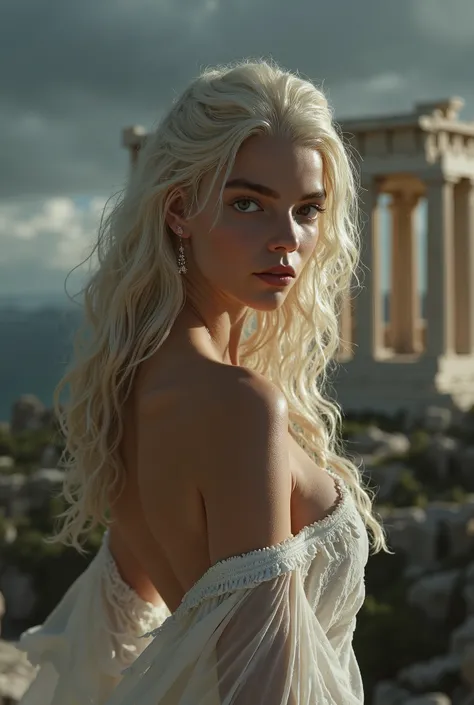 A delightful Greek goddess stands gracefully against the background of a majestic Greek temple, she has long wavy white wet hair, mesmerizing gaze, dark eyes with highlights, sensual face expression, open skinny legs, open armpits, small breasts, perfect f...