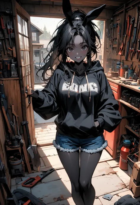 day, sunny, suburb, black skin, garage, open door, tools, workshop, 1990s pickup truck, red truck, comfy, driveway, POV, foreshortening, rags, slightly messy, indoors, detailed, house, 4x4, 1girl, female, tomboy, rabbit girl, black skin, long hair, ponytai...