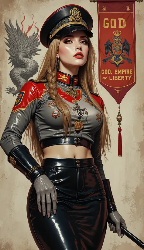 Detailed multi-colored proportions and textures with airbrushed brushstrokes presenting a semi-realistic illustration (in ink Chinese) A beautiful and strong young woman wearing an military uniform style epic fantasy, gothic armor where grayish black tones...