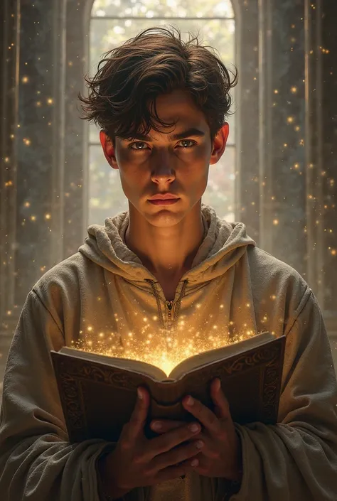 (photorealism:1.2), a young man holding a bible and his eyes shines like a light..filled with the power of God