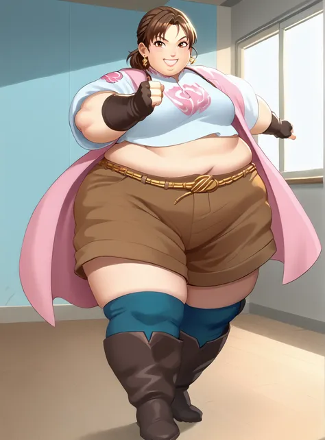 score_9, score_8_up, score_7_up, score_6_up, score_5_up, score_4_up , BREAK source_anime,anime screencap,anime_coloring,anime_lineart, smile, gloves, brown eyes, jewelry, earrings, shorts, thigh highs, boots, fingerless gloves, white shirt, smile, midriff,...